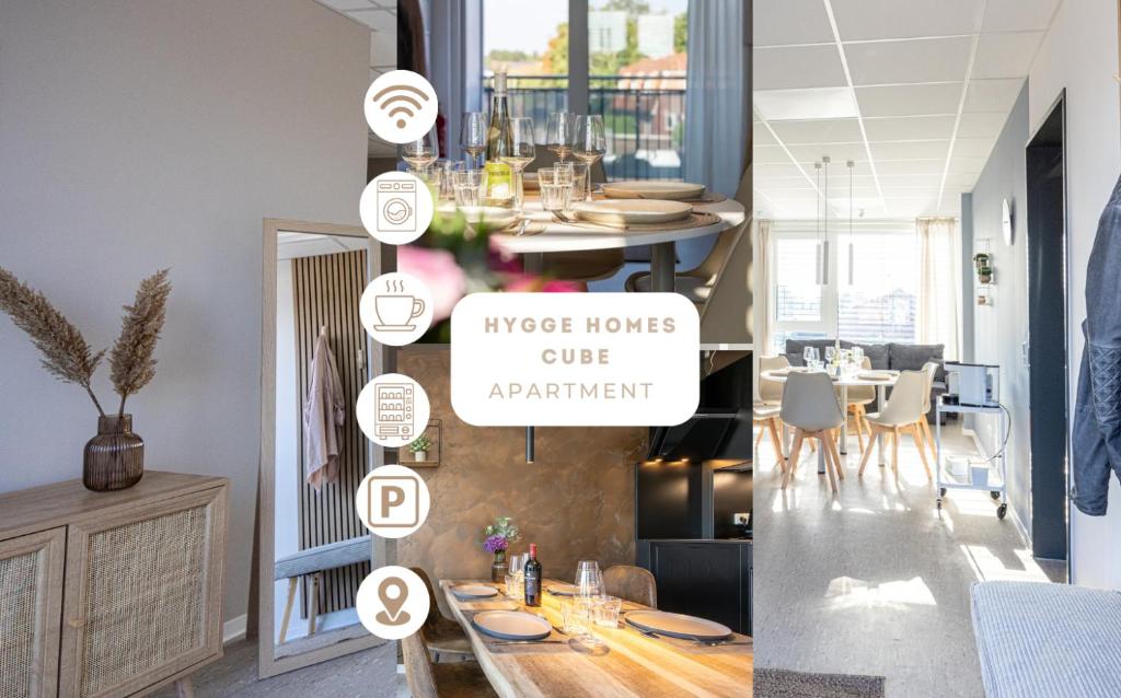 a dining room with a table and a sign that reads merge houses club apartment at Hygge Homes - Cube Apartment in Borstel
