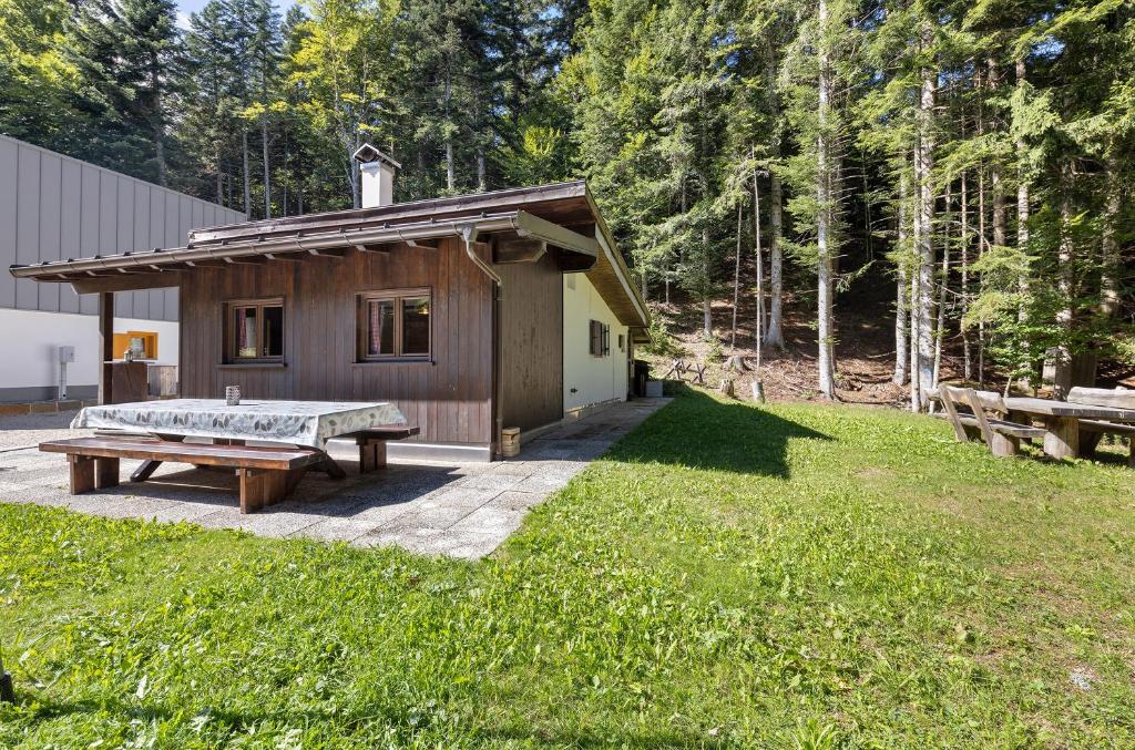a small cabin with a picnic table in the yard at Chalet Laura al Passo della Mendola in Cavareno