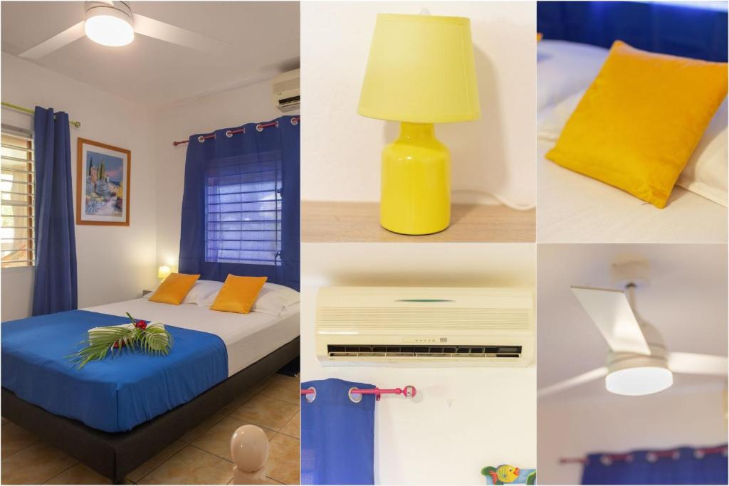 a collage of photos of a room with a bed and a lamp at Villa Cocotier in Sainte-Anne