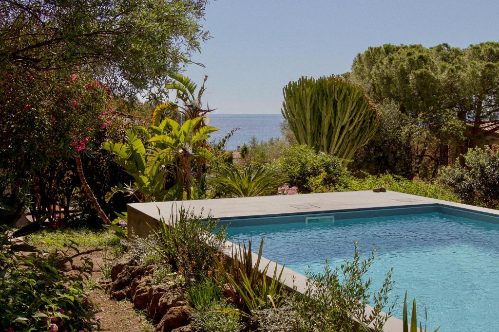 une piscine dans un jardin avec l'océan en arrière-plan dans l'établissement Il Polpo Nero l Villa Vue Mer, Piscine, Rooftop & 2 Vespa, à Porto Columbu - Perdʼe Sali