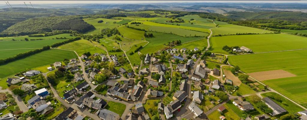 una vista aérea de un pueblo con casas y campos verdes en Ferienhaus Schouhfranzen, en Gornhausen