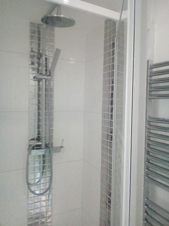 une douche avec une porte vitrée dans une salle de bain dans l'établissement REPOS Au bord de la mer, à Villers-sur-Mer