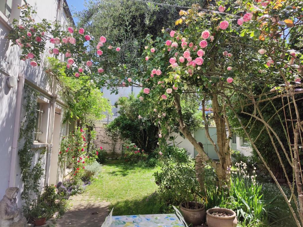un jardin avec des roses roses poussant sur un bâtiment dans l'établissement Maison de campagne à Paris, à Paris