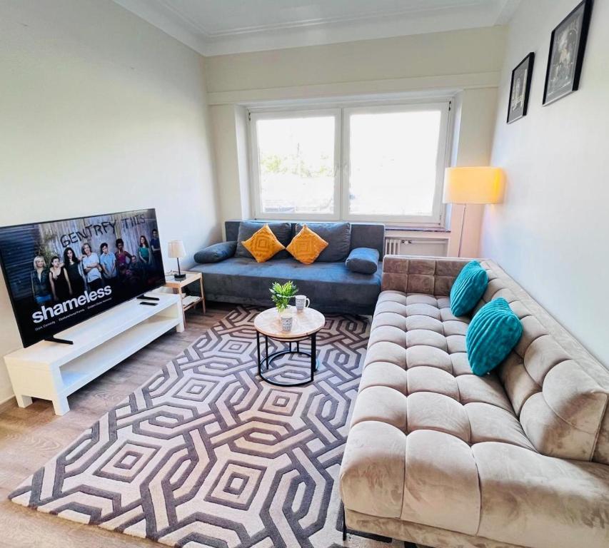 ein Wohnzimmer mit Sofa und Fernseher in der Unterkunft Charming 5bedroom Home with gym,garden,parking&terrace-HOL15 in Luxemburg (Stadt)