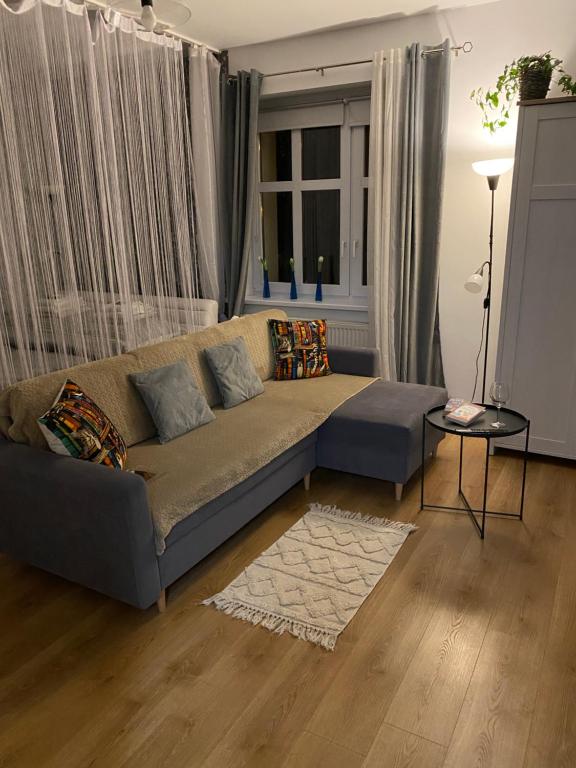 a living room with a couch and a window at Apartament Czytelnia - parking gratis, klimatyzacja in Poznań