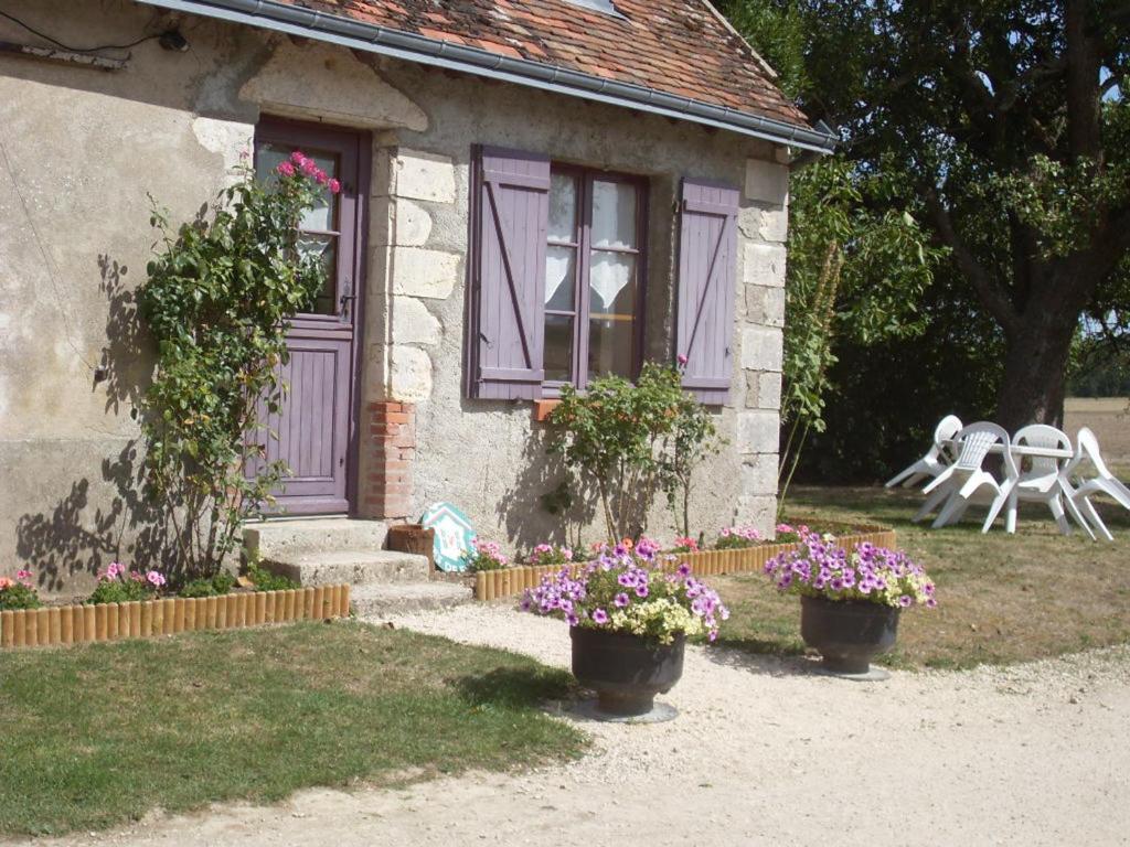 a house with purple doors and flowers in front of it at Maison de charme avec jardin, animaux acceptés, WiFi - FR-1-491-388 in Saint-Lubin-en-Vergonnois