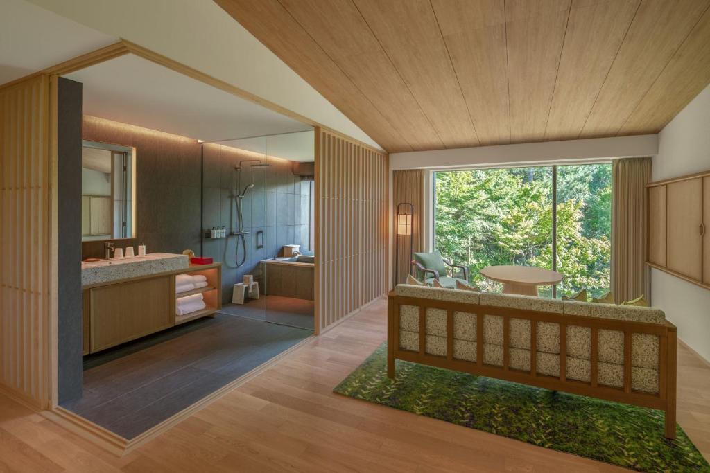 a bathroom with a large window and a sink at Shisui, a Luxury Collection Hotel, Nara in Nara