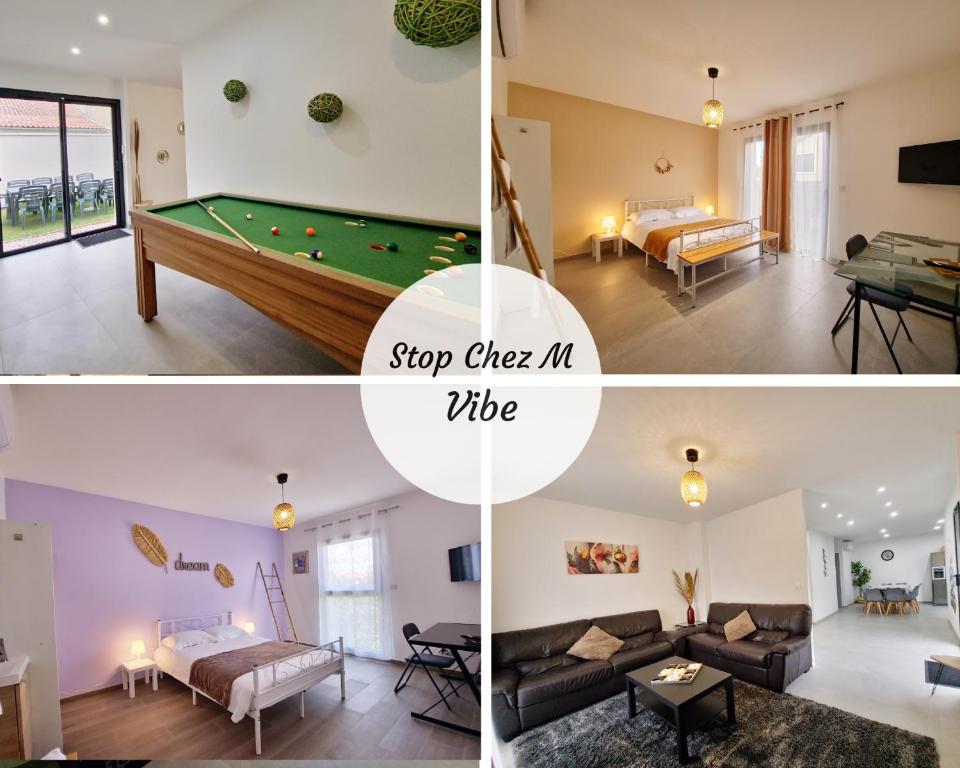 un collage de photos d'un salon et d'une table de billard dans l'établissement Stop Chez M Vibe #Climatisation #Parking #Cozy, à Vénissieux