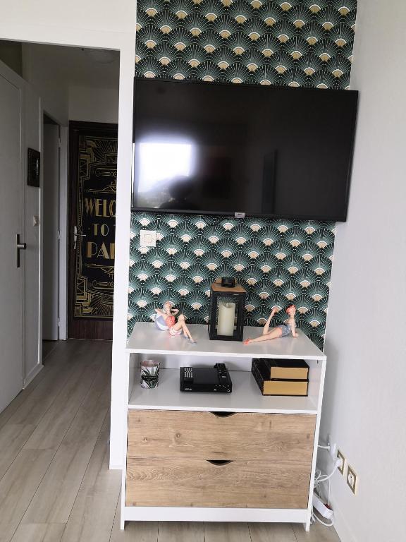TV a/nebo společenská místnost v ubytování Studio cabine face piscine