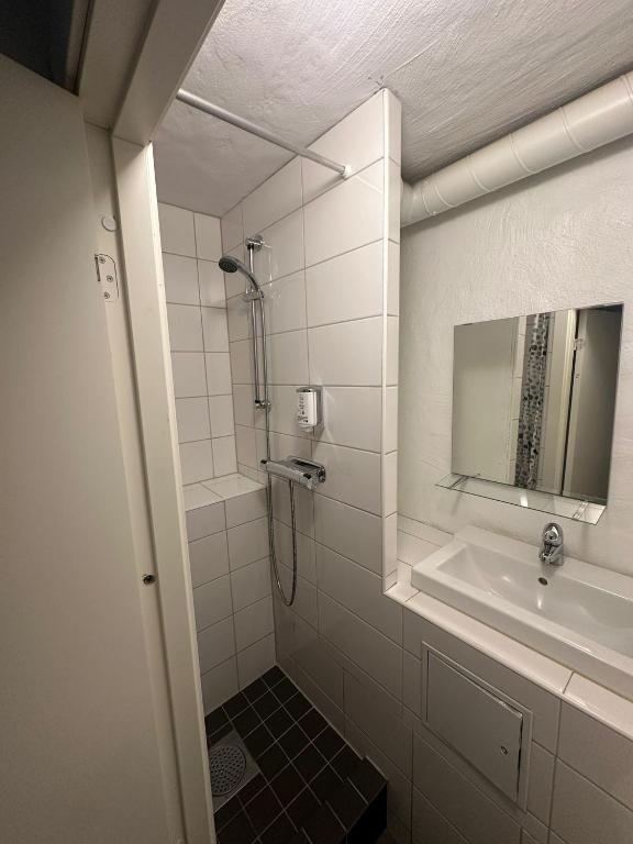 a bathroom with a shower and a sink at Hotell Skeppsbron in Stockholm