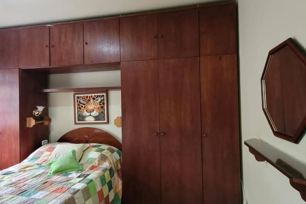 een slaapkamer met een bed en houten kasten bij Casa atrás do Horto florestal in Santa Maria Madalena