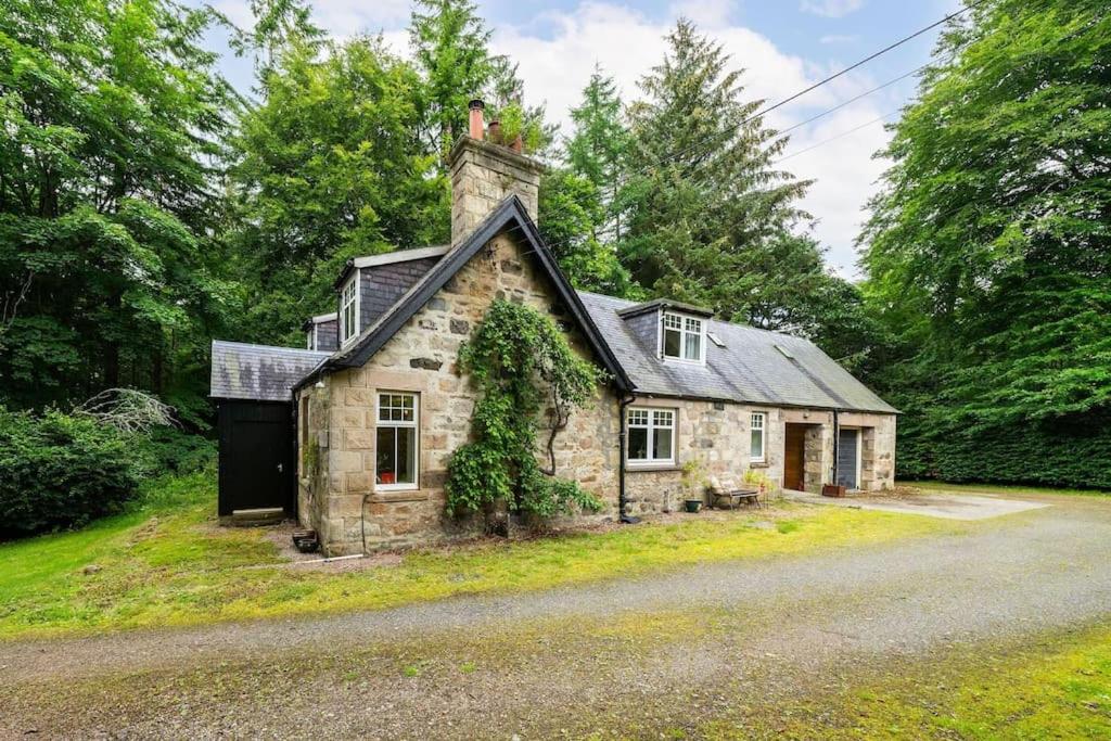 una vecchia casa di pietra su una strada con alberi di Red Squirrel Cottage, Family & Pet Friendly Adventure Retreat, Strathdon, Aberdeenshire a Towie