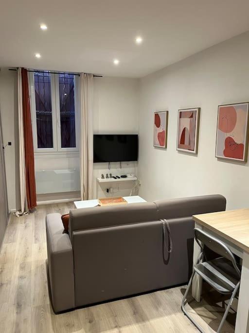 un salon avec un canapé et une télévision dans l'établissement Gold, 500 m du centre de Valence, à Bourg-lès-Valence