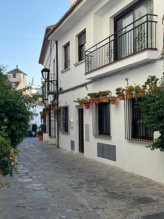 an alley with potted plants on the side of a building at Casa de la Paz in Estepona