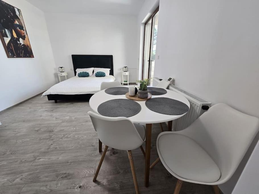 a room with a table and chairs and a bed at Garsoniera zona ISU Bistrita in Bistriţa