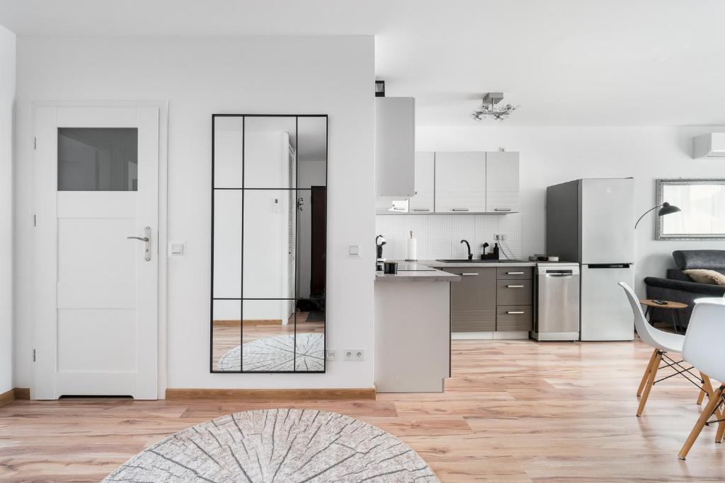 Kuchyň nebo kuchyňský kout v ubytování Apartament nad rzeką - parking podziemny klimatyzacja