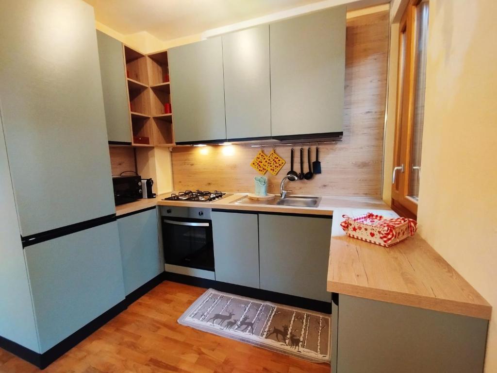 a small kitchen with a sink and a stove at Appartamento Acero Rosso in Borno