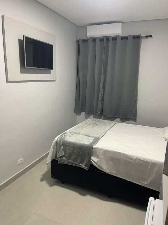 a bedroom with a bed and a flat screen tv at Hotel Rio Branco - Melhor Opção Perto da 25 de Março, Santa Ifigênia e Metrô República in São Paulo