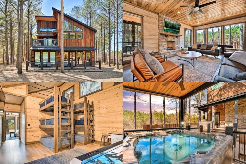 a collage of photos of a house with a pool at Family Getaway, Hot Tub, Firepit! in Broken Bow