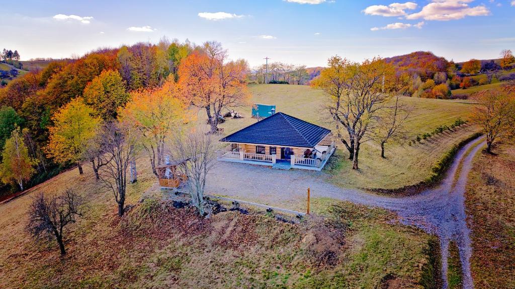 an aerial view of a house in a field at Casa de pe deal Sinteu in Şinteu