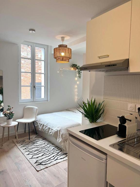 a small kitchen with a bed in a room at Le Saphir in Toulouse