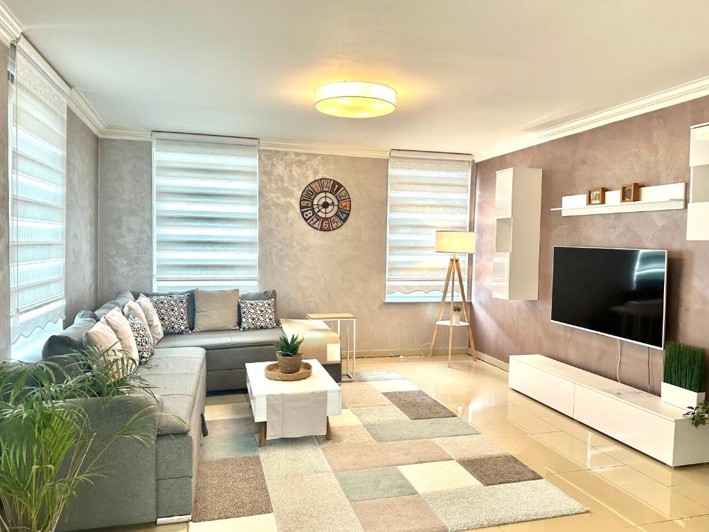 a living room with a couch and a tv at Mein Apartment, City Garden, Terrasse, Klima, 6 Personen in Frankenthal