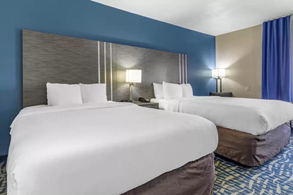 two large beds in a hotel room with blue walls at Comfort Inn & Suites Pauls Valley - City Lake in Pauls Valley