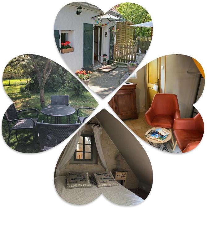 un collage de quatre photos d'un salon dans l'établissement Le clos de la Pommeraie maisonnette, à Carly