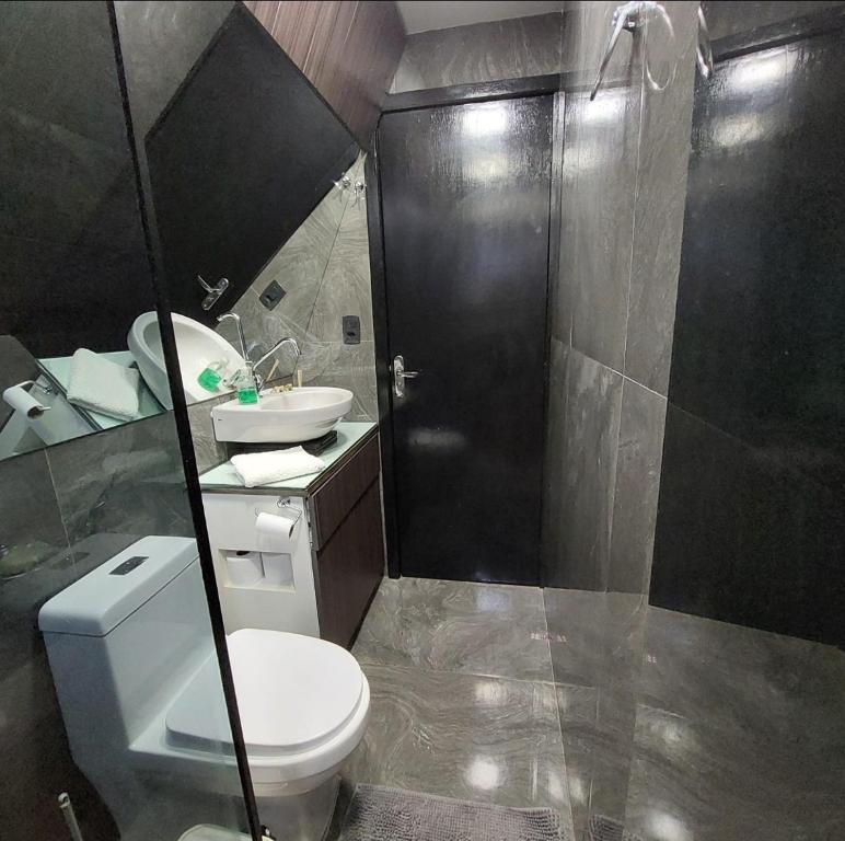 a bathroom with a shower and a toilet and a sink at Cabana Das Paineiras in Feliz
