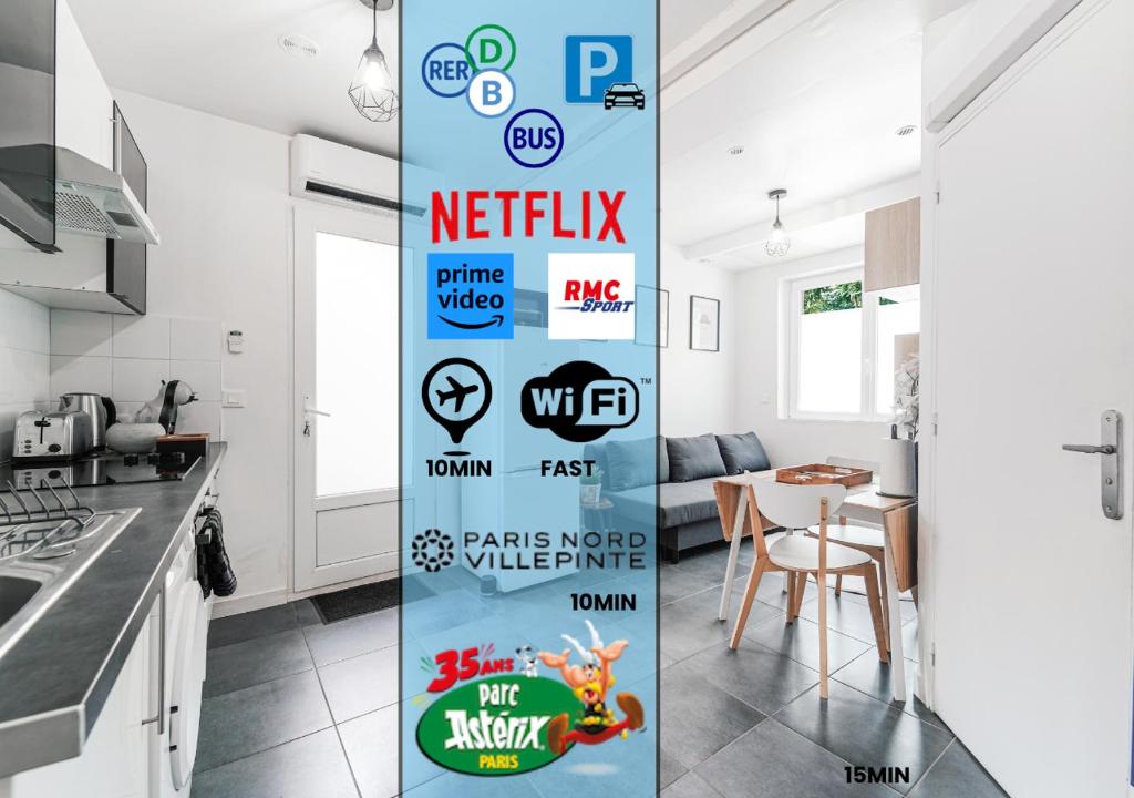 une cuisine avec une bannière sur laquelle on peut lire Netflix et d'autres signes dans l'établissement Confort & Style près de CDG, à Vaudherland