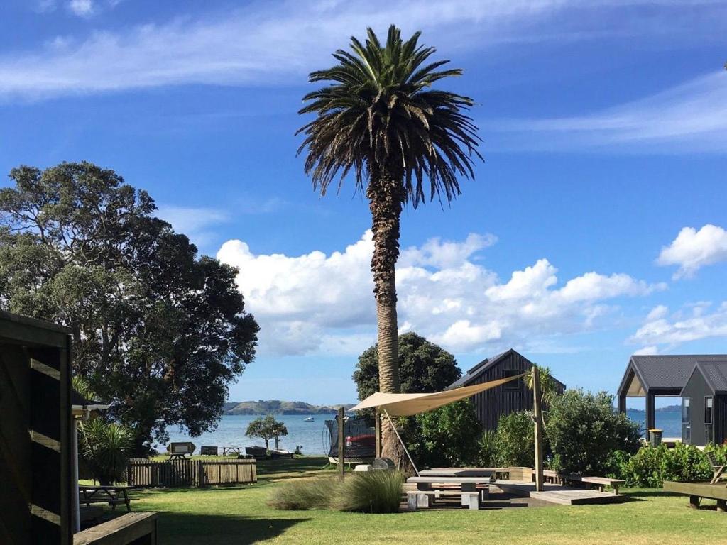 a palm tree in a yard with a table and a tent at Bethshan Motel in Algies Bay
