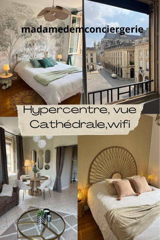 un collage de trois photos d'une chambre d'hôtel dans l'établissement Royal Home, hypercentre Reims avec vue Cathédrale, à Reims