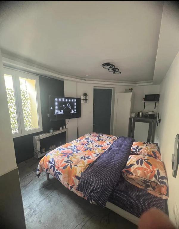 une chambre avec un lit et une télévision à écran plat dans l'établissement Pacha studio, à Bagnolet