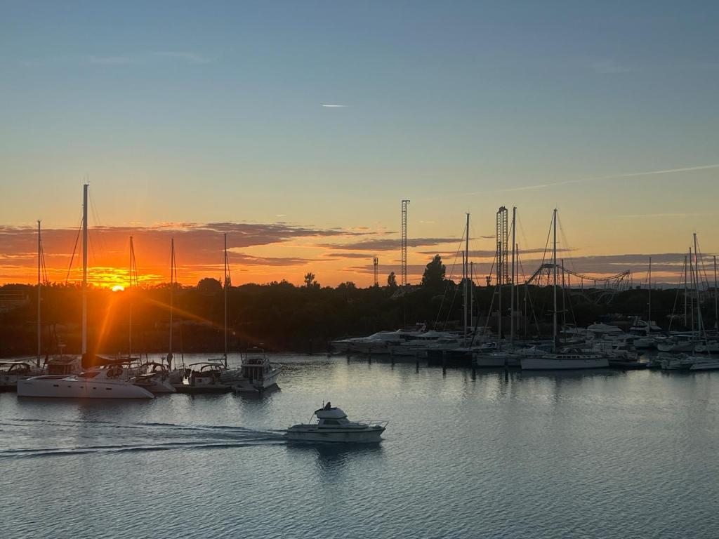 un bateau dans l'eau dans une marina au coucher du soleil dans l'établissement Studio cabine vue mer Agde Ile des pecheurs, au Cap d'Agde