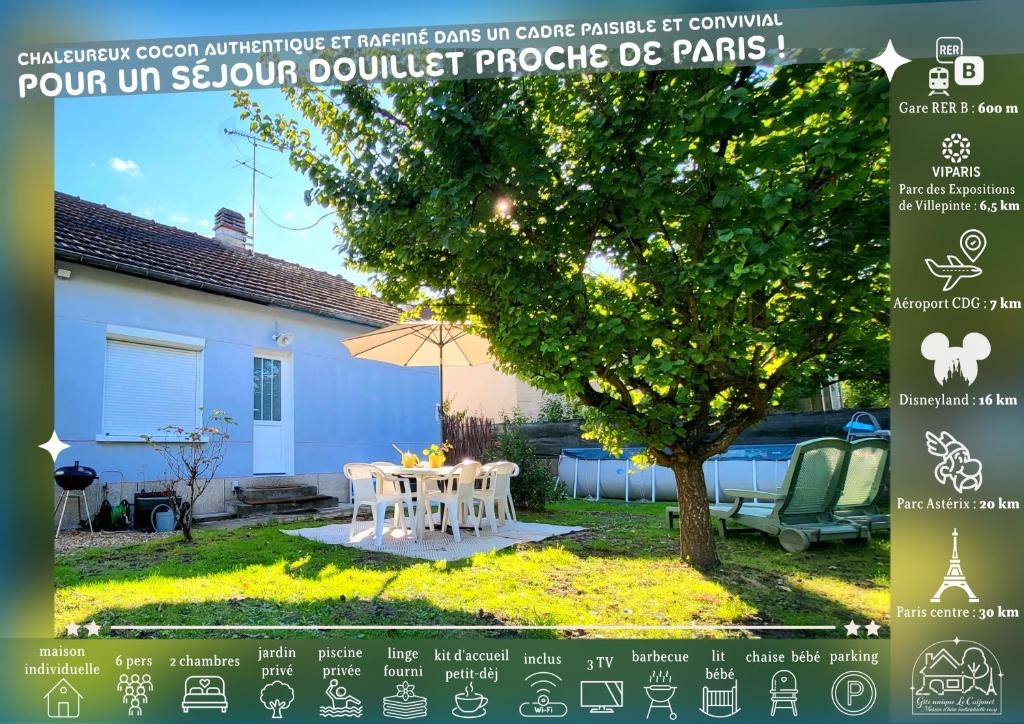 un flyer pour une maison avec une table et un arbre dans l'établissement Gîte Unique Le Caijonet proche de Disneyland, Aeroport CDG, Paris, à Villeparisis