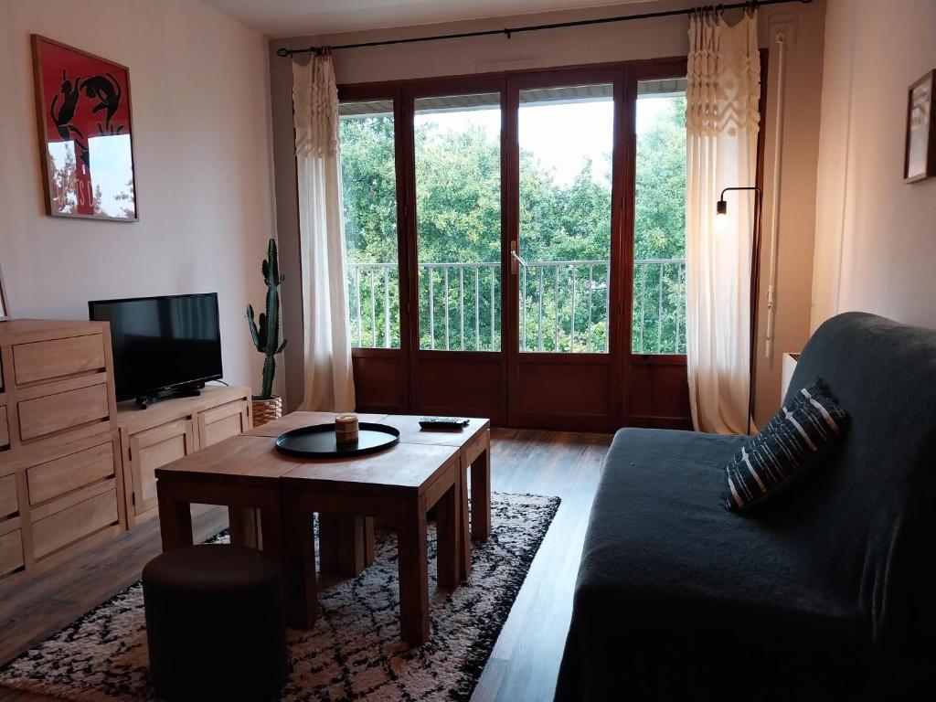 un salon avec un canapé et une table basse dans l'établissement T2 proche gare avec WiFi parking, à Angers