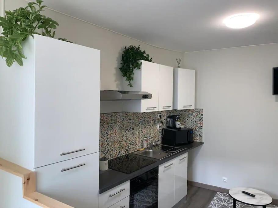 une cuisine avec des armoires blanches et un comptoir noir dans l'établissement Le cocon T2 duplex 24 m2, à Niort