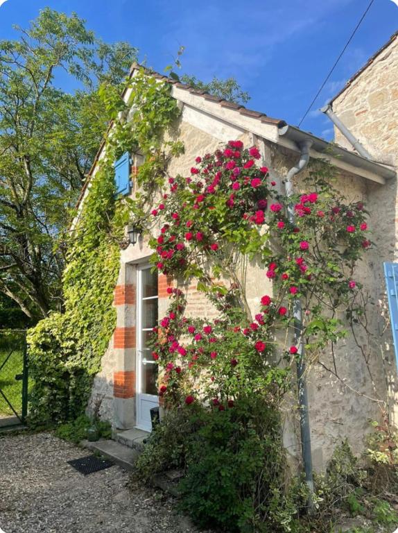 une maison avec des fleurs roses sur son côté dans l'établissement Dog friendly gîte with private Garden, jacuzzi and pool, à Penne-dʼAgenais