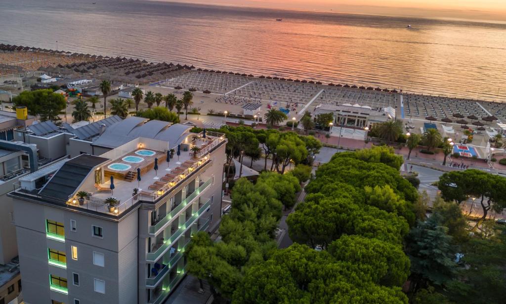 an overhead view of a building next to a stadium at Hotel Cristallo in Giulianova