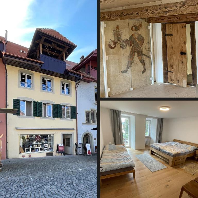 three pictures of a house and a bedroom at a knight's splendid apartment in Büren an der Aare