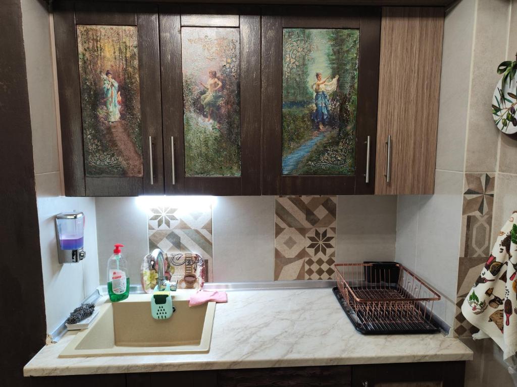 una cucina con bancone e quadri alle pareti di La Familia a Veria