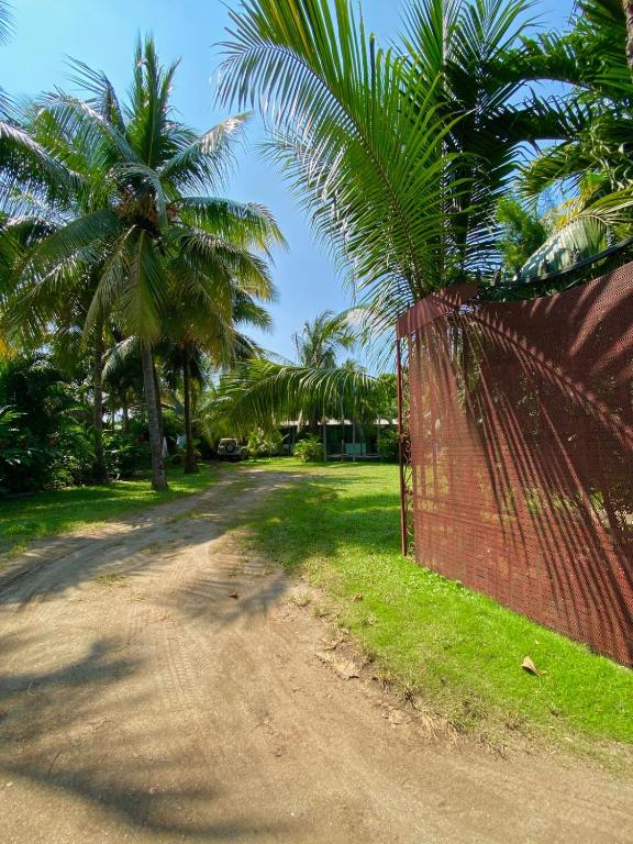 a fence next to a dirt road with palm trees at The captains iin in Chinandega