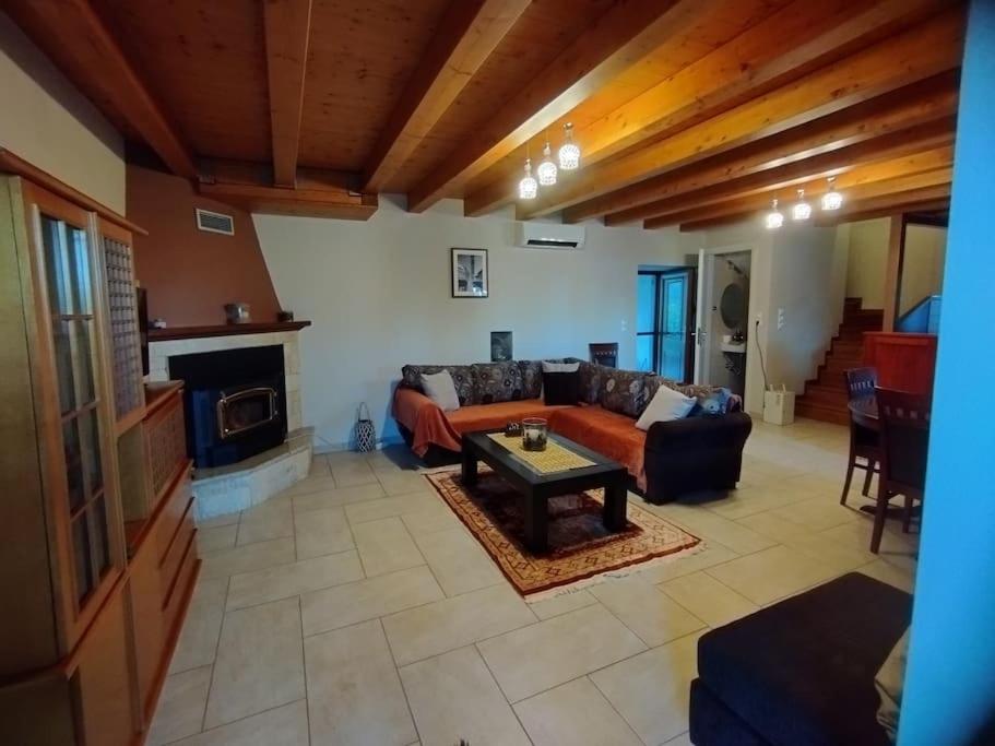 a living room with a couch and a fireplace at Seaview Maisonette Paradise in Pláka