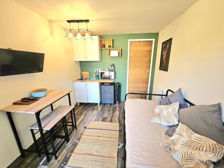 un salon avec un canapé et une table et une cuisine dans l'établissement Joli Studio indépendant à 20 min de Paris, à Villennes-sur-Seine