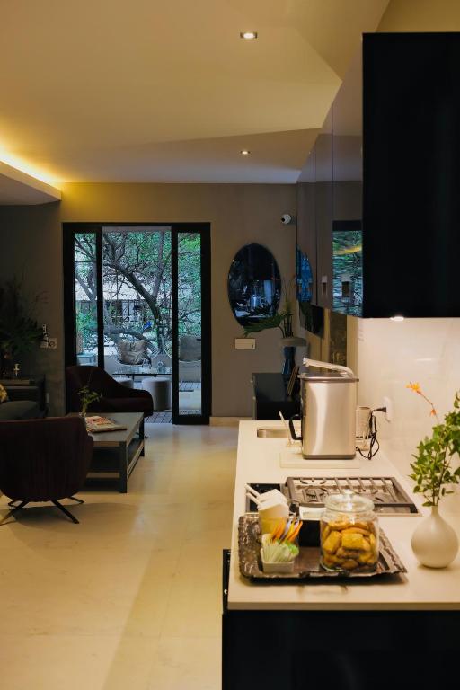 An open-plan living and kitchen area with a compact cooking station facing leafy glass doors.