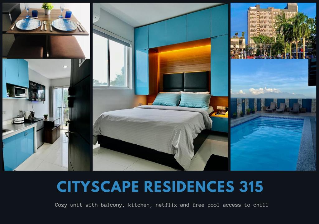 a collage of three pictures of a hotel room at Cityscape Residences 315 in Bacolod