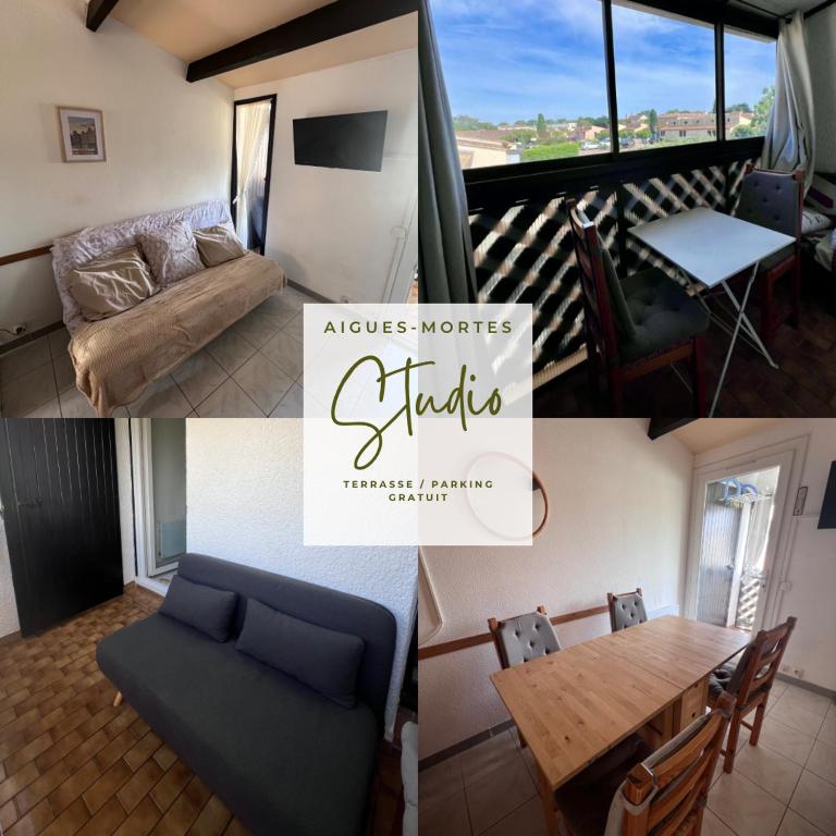 un collage de photos d'un salon et d'une salle à manger dans l'établissement Studio Aigues Mortes avec parking gratuit, à Aigues-Mortes