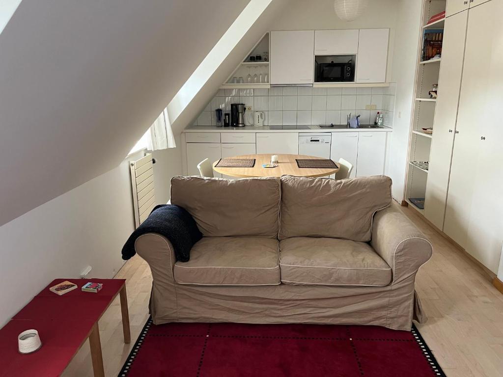 Una sala de estar con un sofá y una cocina. en Studio Tintin, en Bruselas