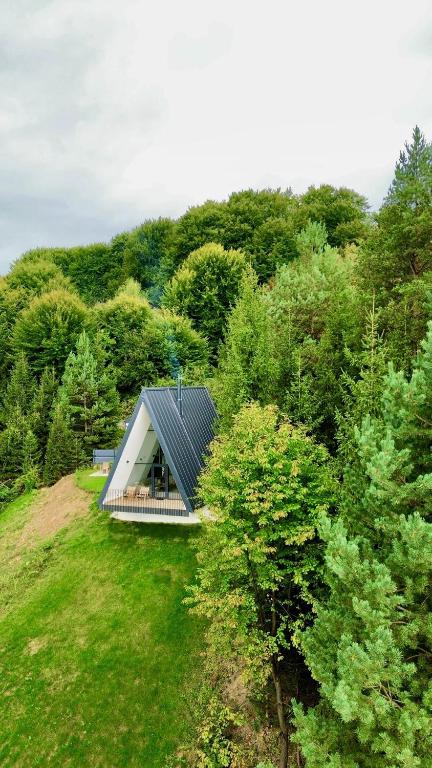 una pequeña casa en la cima de una colina con árboles en Vila Hill Rest, en Visoko