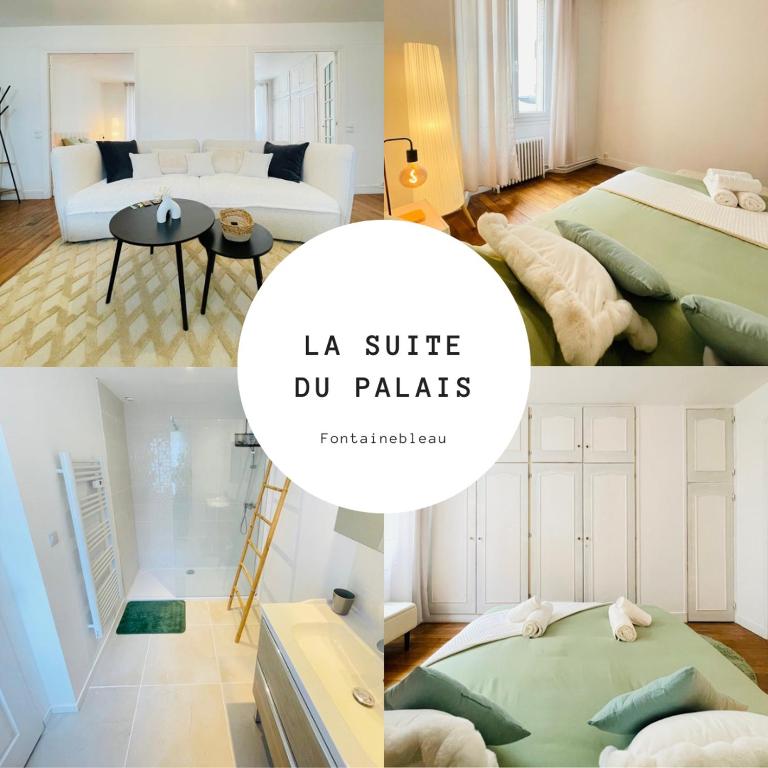 un collage de quatre photos d'une chambre d'hôtel dans l'établissement La Suite du Palais - Cozy - Netflix, à Fontainebleau